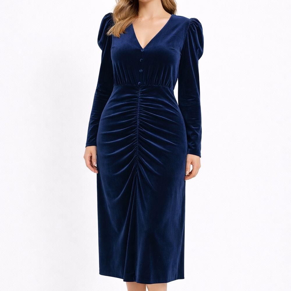 YUMI‎ KIM. New! Puff Sleeve Blue Velvet Midi Dress.